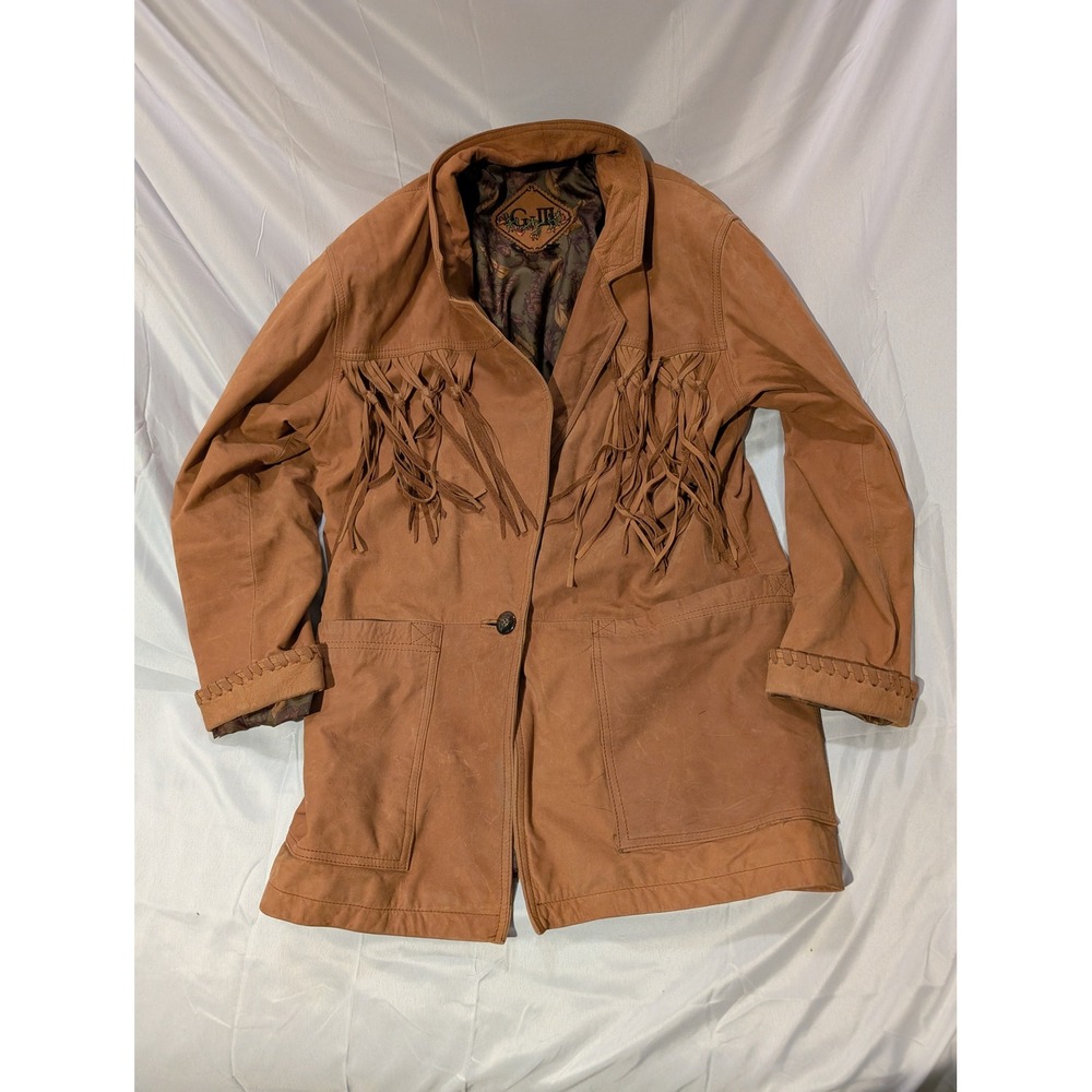 GIII Leather Fringe Women's M Jacket Western Boho Blazer Tan